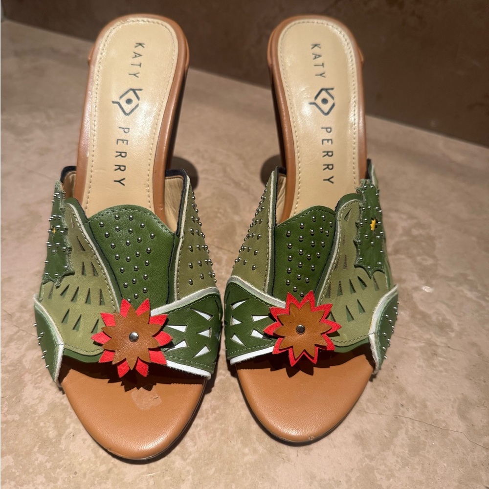 Katy Perry Collections Green and Red Mules with Floral Cutouts